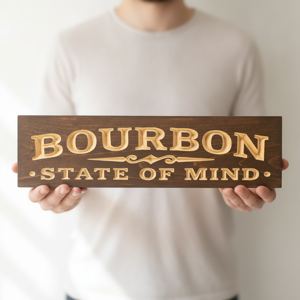 Tavern Sign — Bourbon State Of Mind Carved Wood — shown to scale, held — Bluegrass Gifts