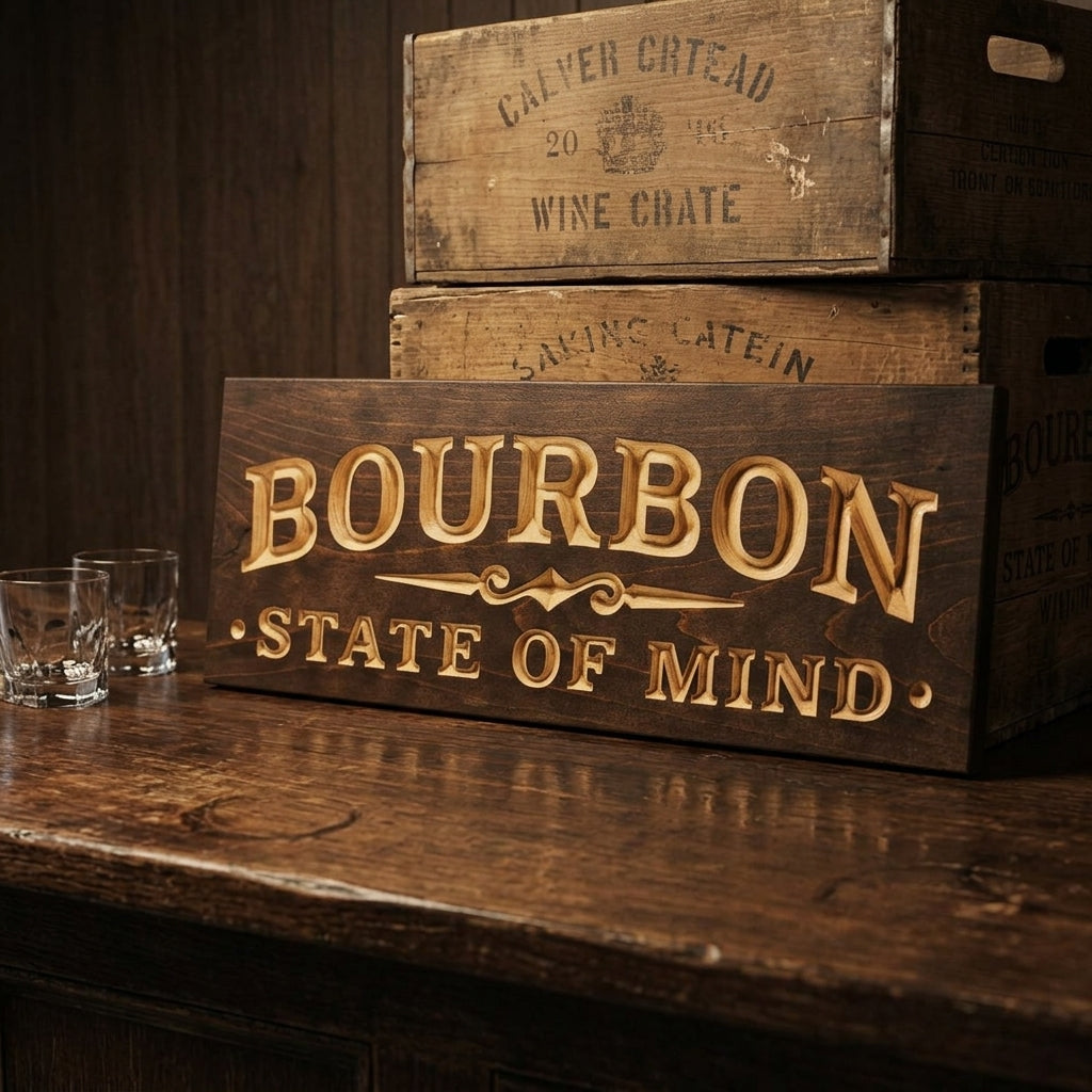 Tavern Sign — Bourbon State Of Mind Carved Wood