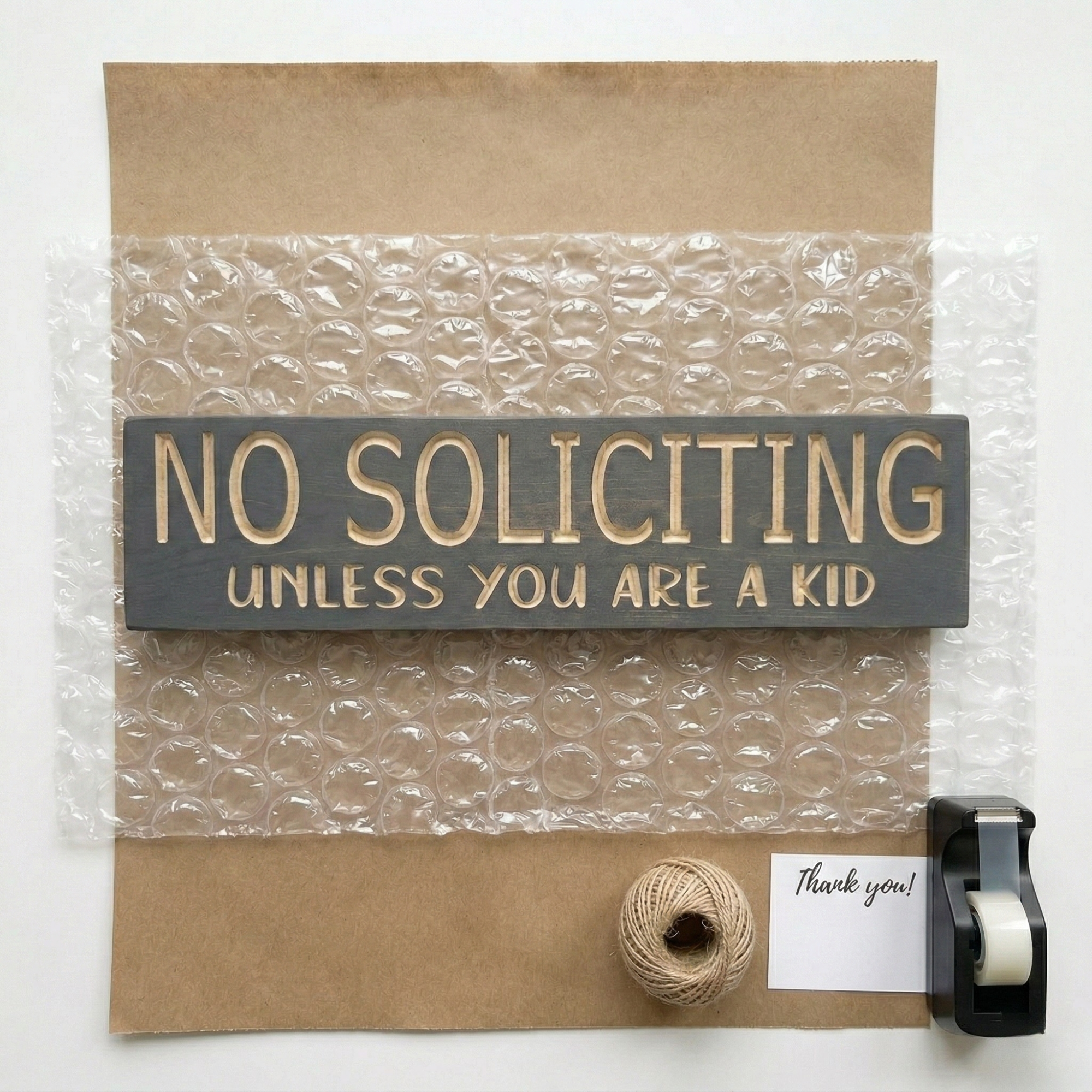 Top-down view of the "No Soliciting" sign being neatly packaged with bubble wrap, brown paper, and twine in Rineyville, KY.