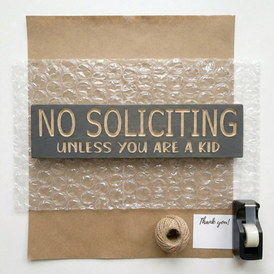 Top-down view of the "No Soliciting" sign being neatly packaged with bubble wrap, brown paper, and twine in Rineyville, KY.