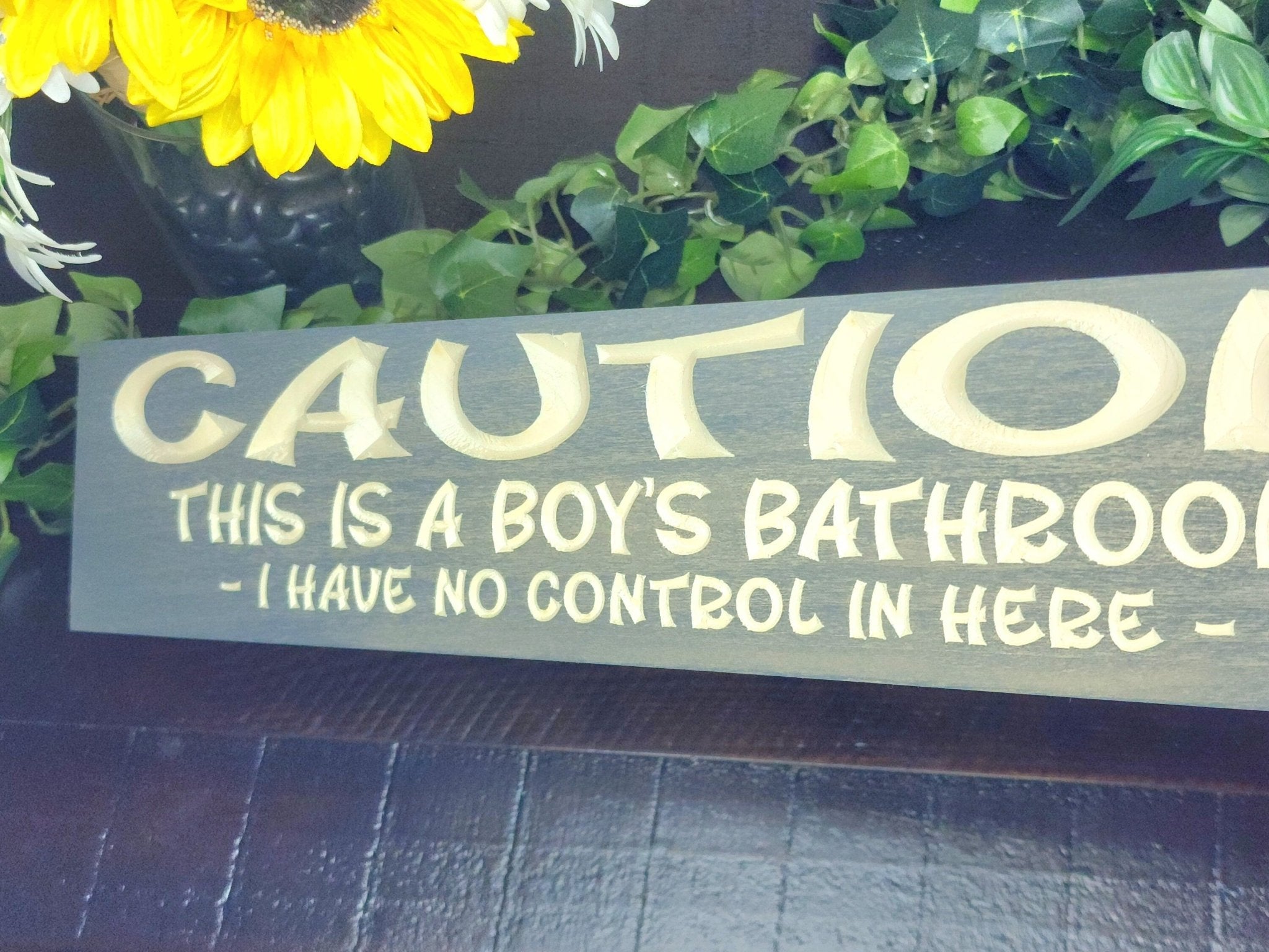 boys bathroom no control in here wood sign - funny bathroom sign - CNC-carved by Bluegrass Gifts