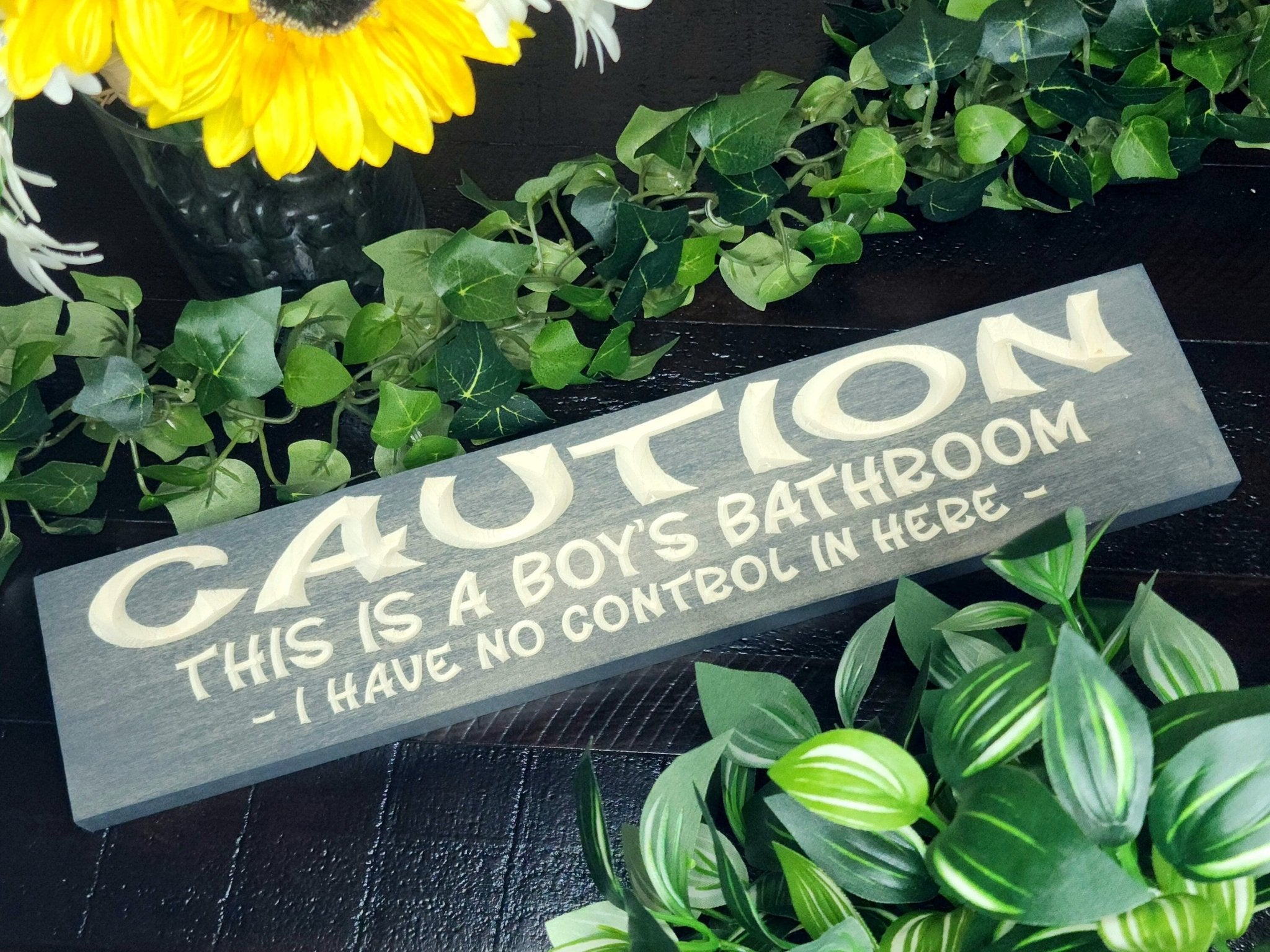 boys bathroom no control in here wood sign - funny bathroom sign - CNC-carved by Bluegrass Gifts