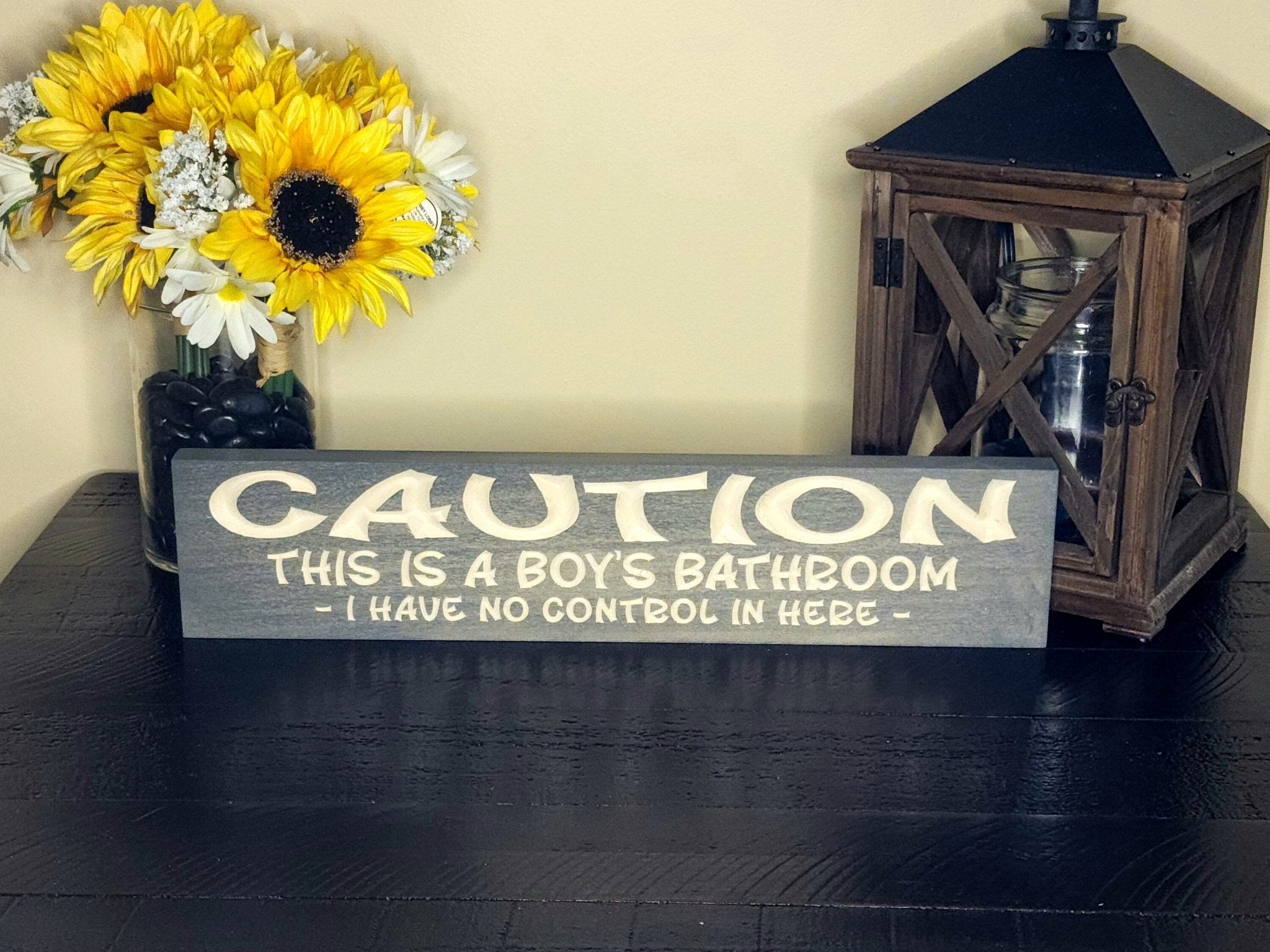 boys bathroom no control in here wood sign - funny bathroom sign - CNC-carved by Bluegrass Gifts