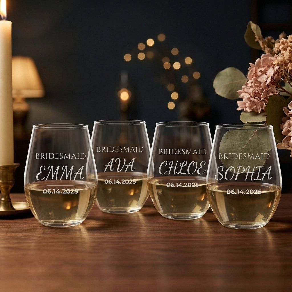 Bridal Party Set - four engraved bridesmaid stemless wine glasses with names and wedding date