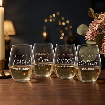 Bridal Party Set - four engraved bridesmaid stemless wine glasses with names and wedding date