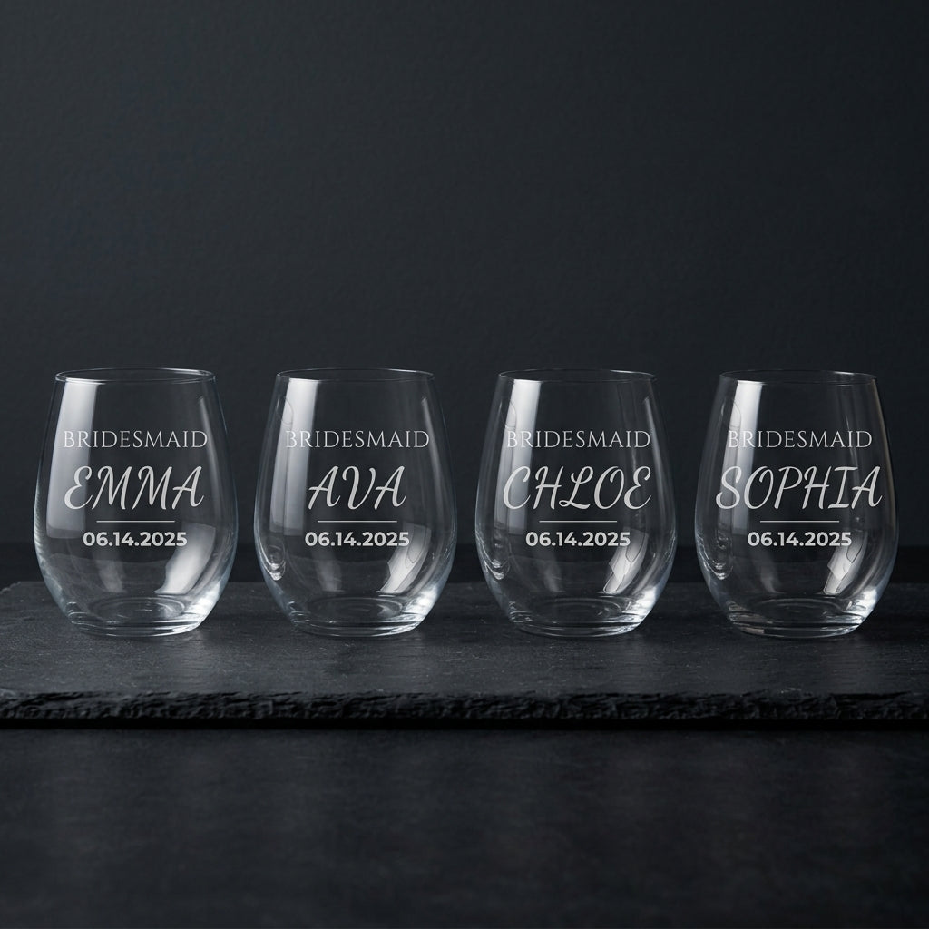 Four engraved bridesmaid wine glasses on dark slate with the etched names lit for contrast