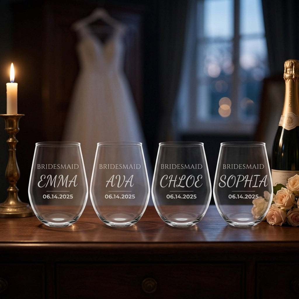 Engraved bridesmaid wine glasses in a bridal suite getting-ready scene