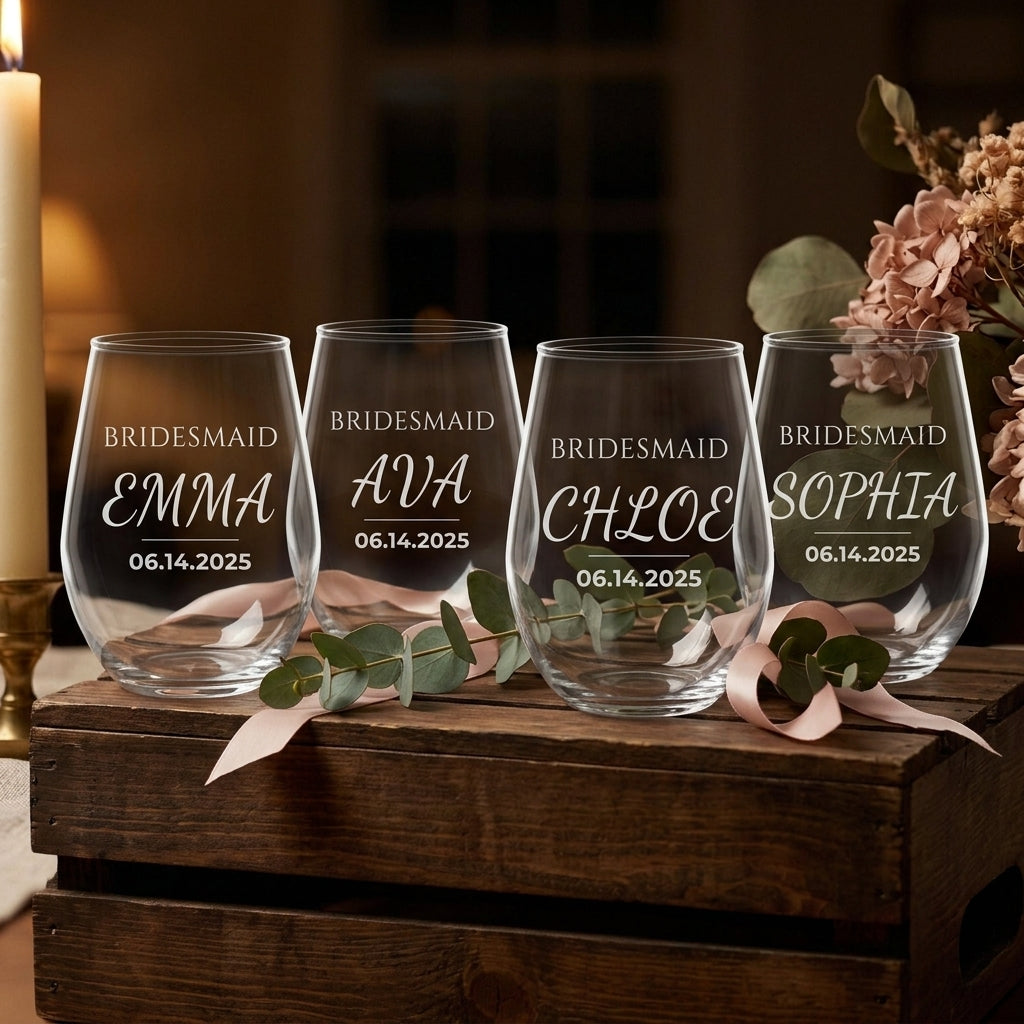Engraved bridesmaid wine glasses styled as a bridesmaid proposal gift with eucalyptus