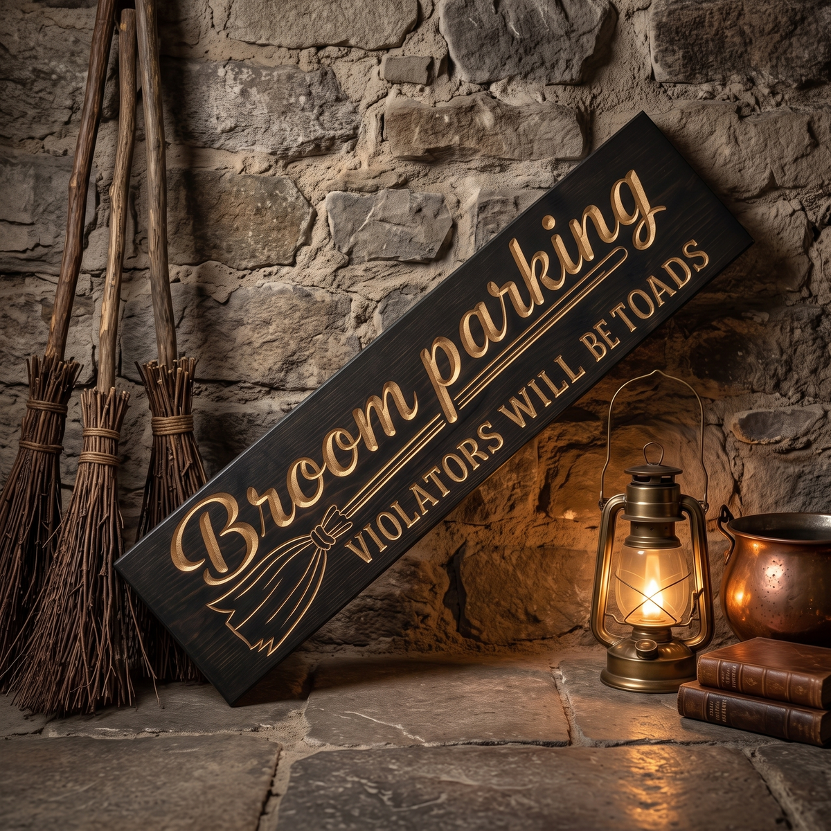 Broom Parking Sign — Violators Will Be Toads — carved wood sign — Bluegrass Gifts