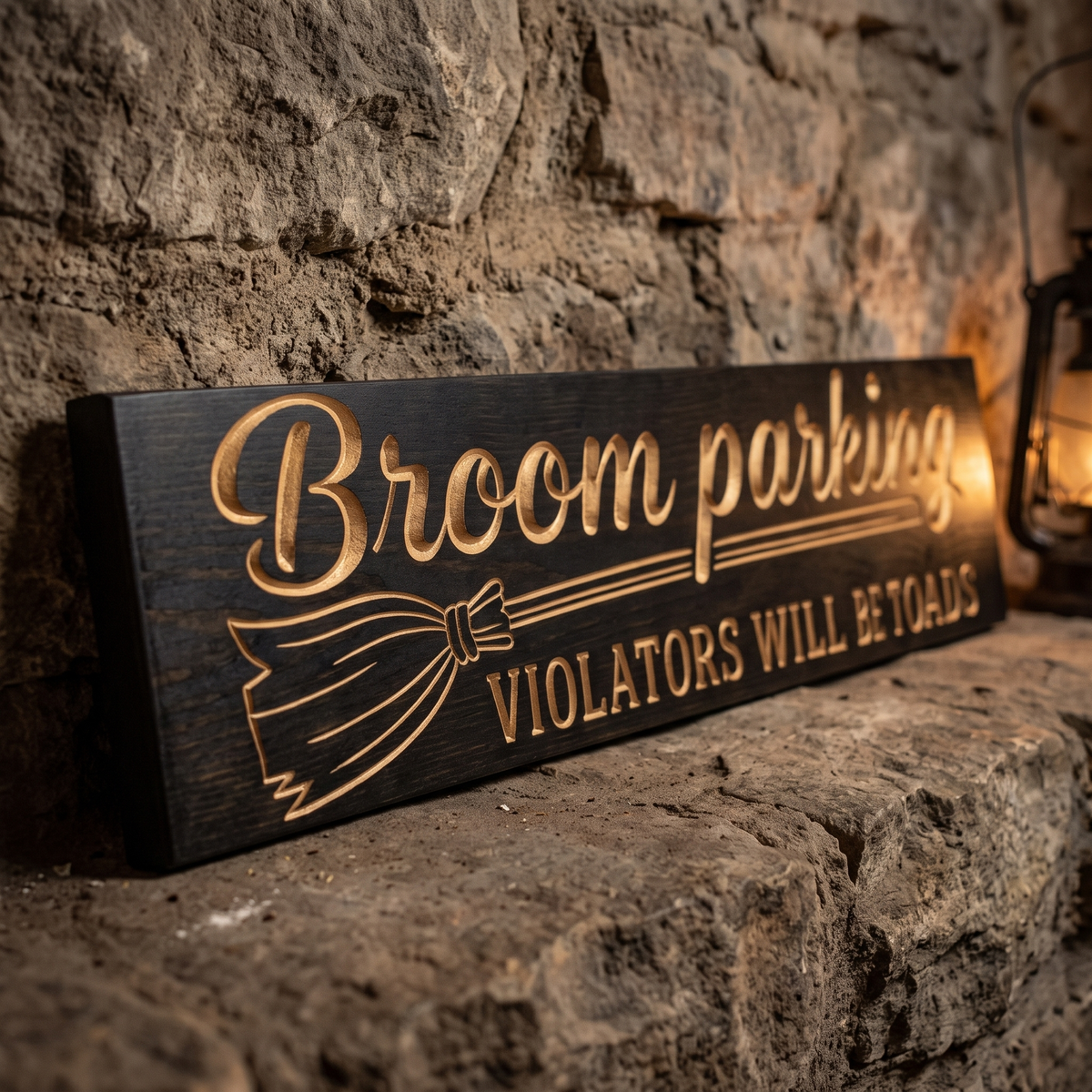 Broom Parking Sign — Violators Will Be Toads — styled in room — Bluegrass Gifts