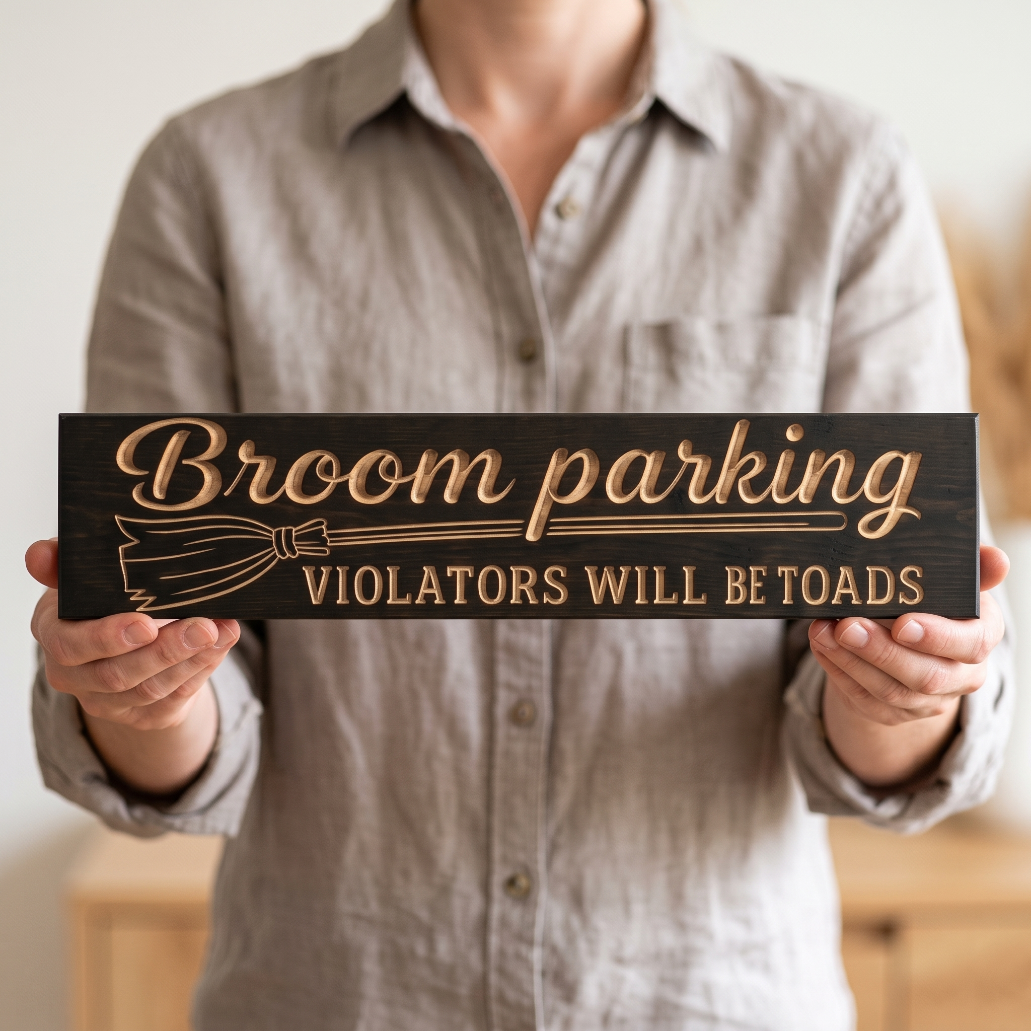 Broom Parking Sign — Violators Will Be Toads — shown to scale, held — Bluegrass Gifts