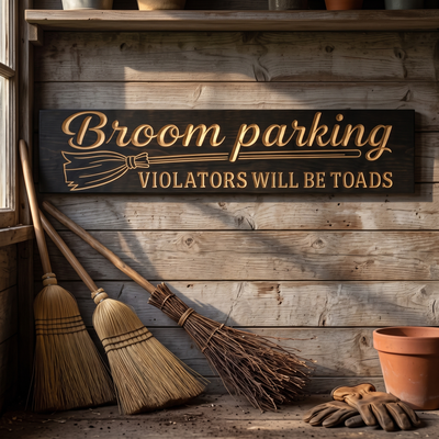 Broom Parking Sign — Violators Will Be Toads — styled in room — Bluegrass Gifts
