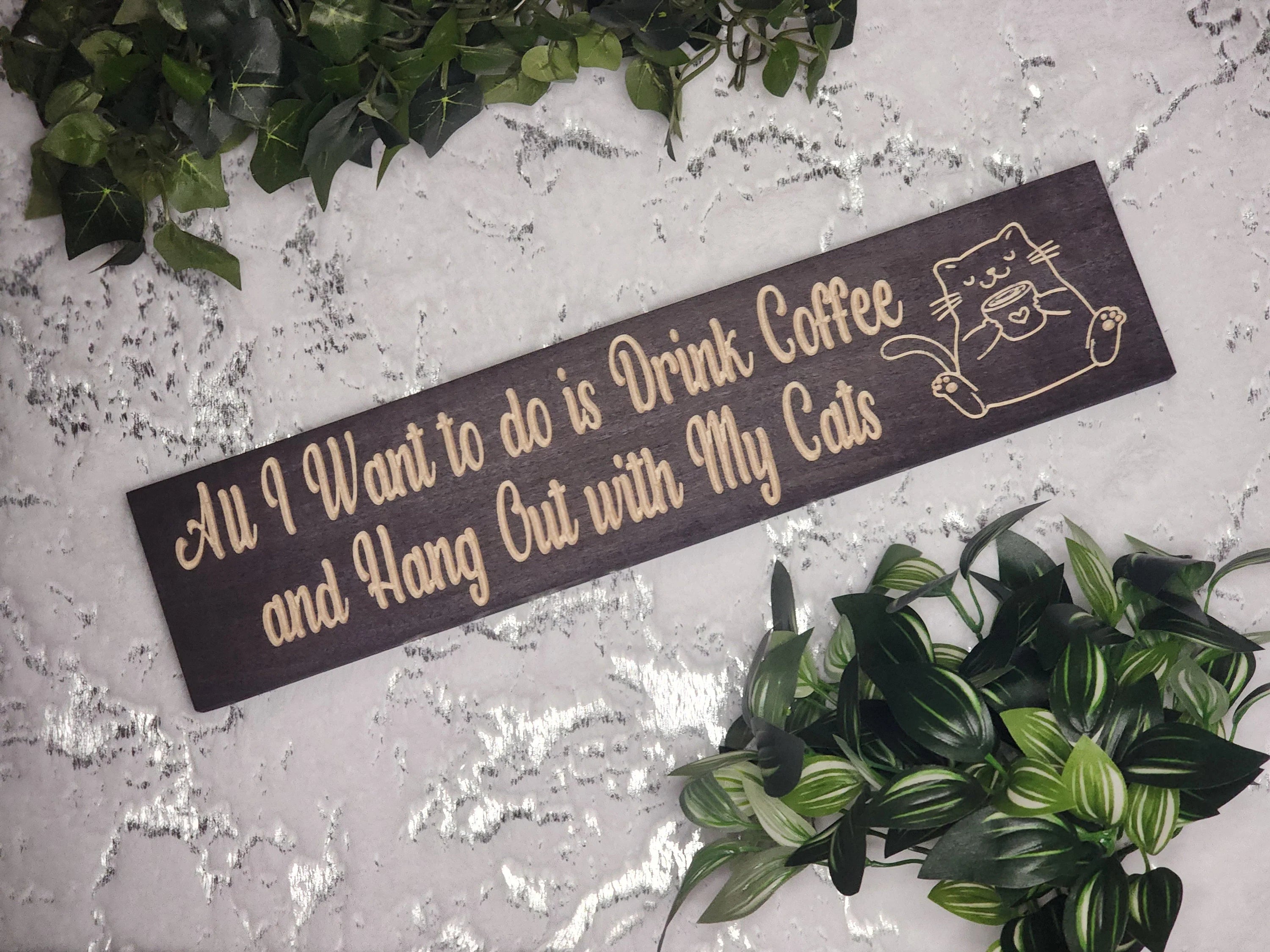 caffeinated whiskers cat coffee wood sign - funny kitchen sign - CNC-carved by Bluegrass Gifts