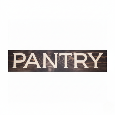 Handmade solid wood PANTRY sign with deep V-carved lettering and a rich dark walnut finish.