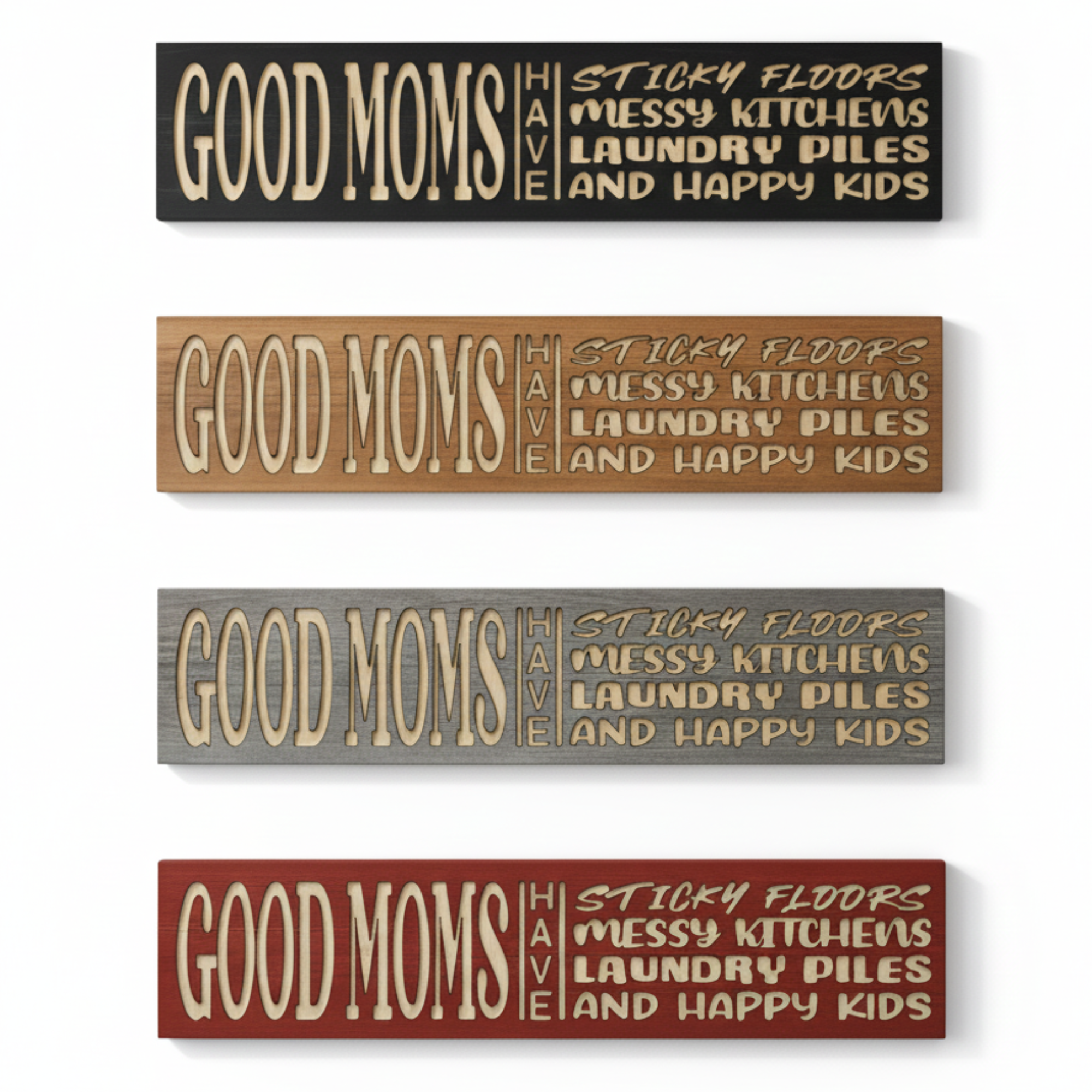 Comparison of four finish options for the Good Moms sign: Ebony, Cherry, Grey, and Barn Red by Bluegrass Gifts.