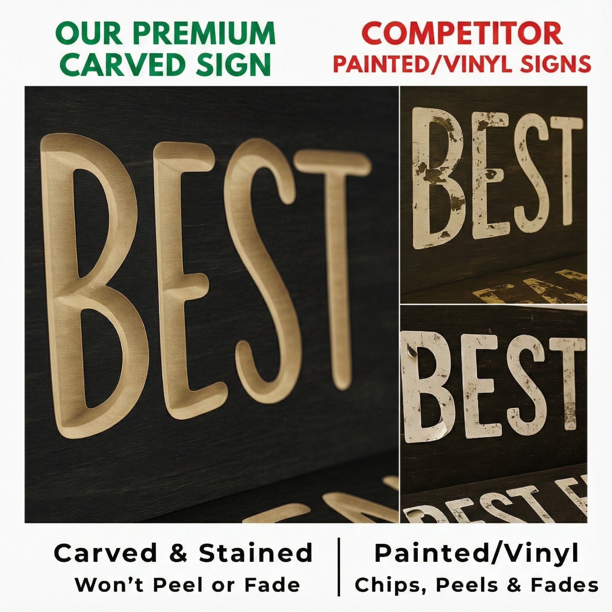 Comparison infographic showing the superior depth of Bluegrass Gifts carved signs versus the peeling and fading of competitor vinyl sticker signs.