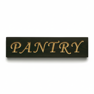 A dark stained, carved wooden pantry sign with natural wood colored letters in a classic farmhouse style, shown on a white background