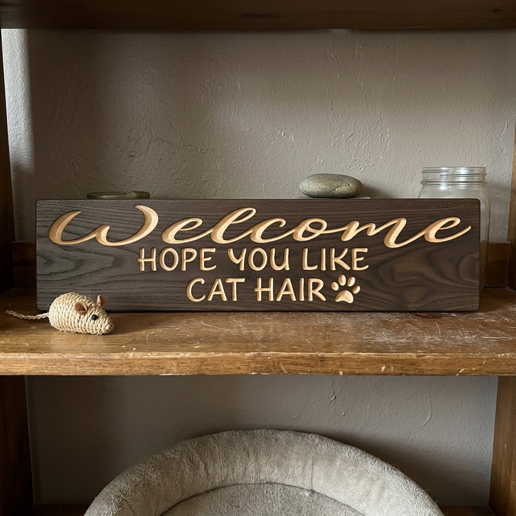 Cat House Sign — Welcome, Hope You Like Cat Hair | Carved