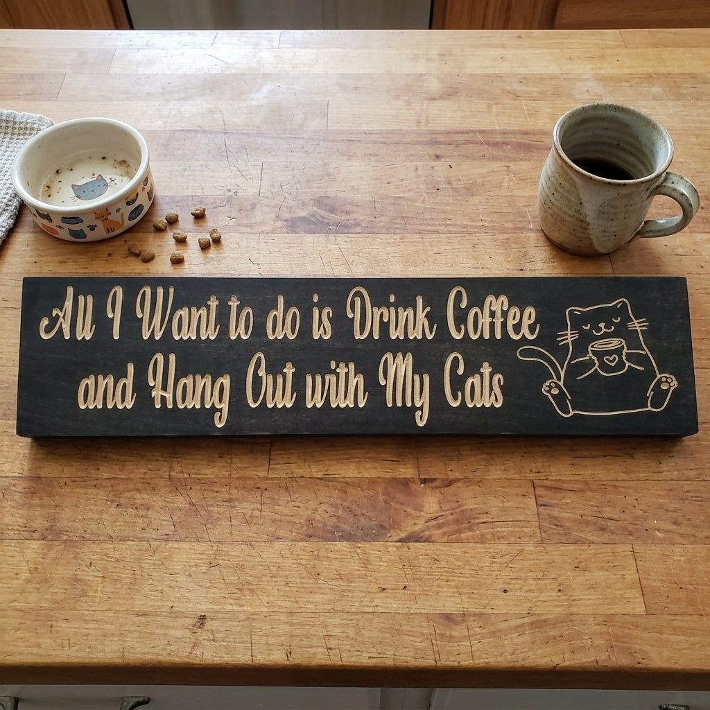 Cat Kitchen Decor — Caffeinated Whiskers Carved Wood Sign
