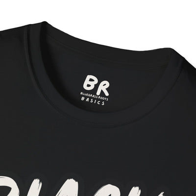 Close-up of the collar of a black tee, showing the Bluegrass Roots Basics brand tag on the Cattle Shirt - Black Baldy