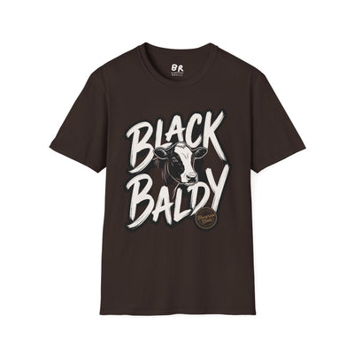 A dark brown Cattle Shirt - Black Baldy with a cow graphic, displayed flat on a white background, front view