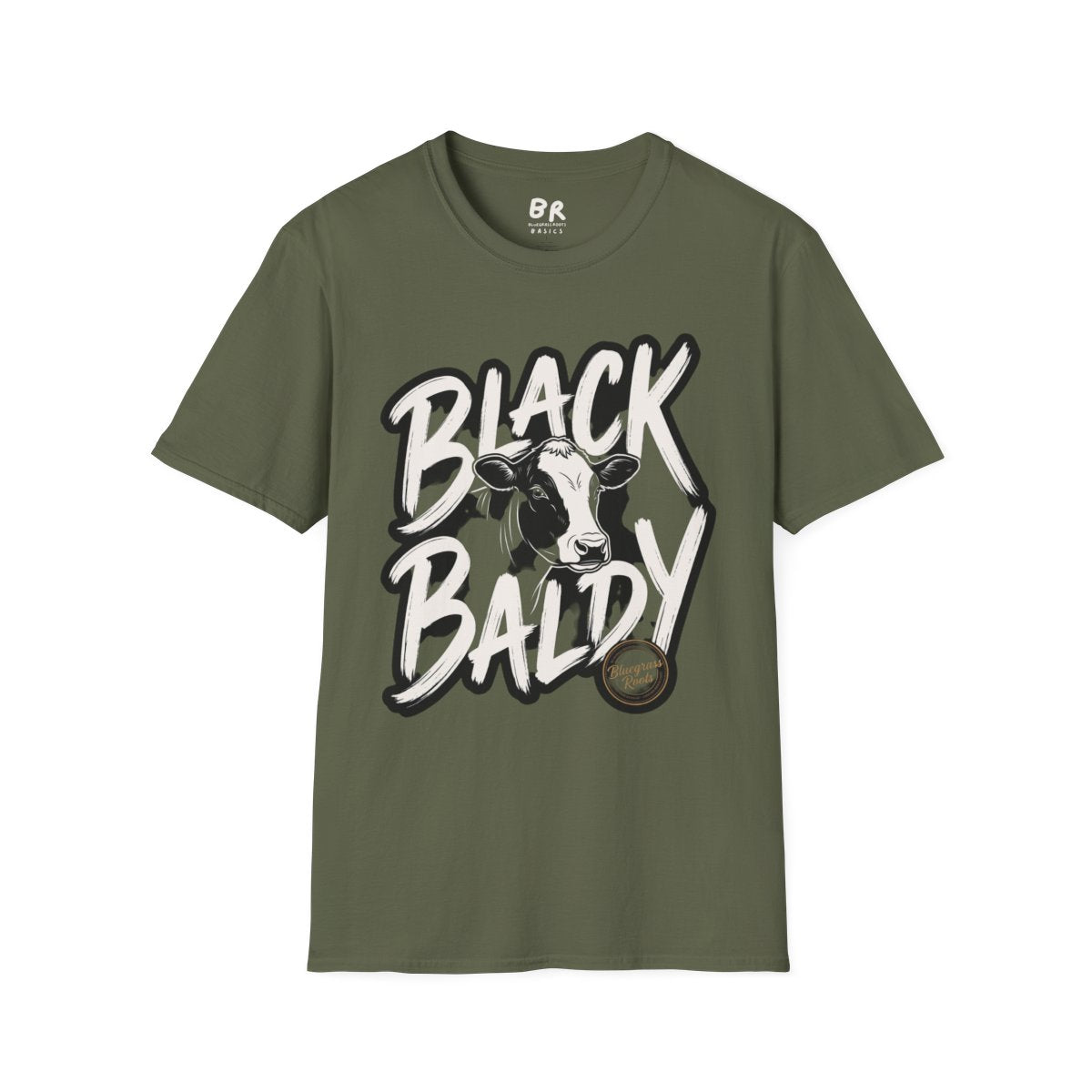 Front view of an olive green "Cattle Shirt - Black Baldy" tee, laid flat against a white background