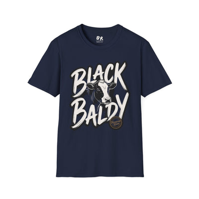 Front view of a navy blue "Cattle Shirt - Black Baldy" tee, laid flat against a white background