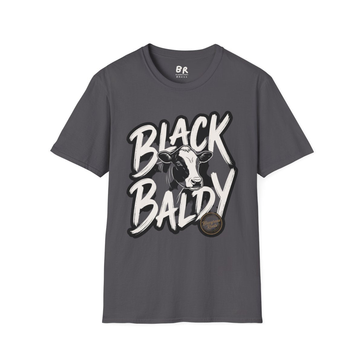 A charcoal gray Cattle Shirt - Black Baldy laid flat, featuring the distinctive cow graphic and script lettering