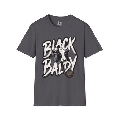 A charcoal gray Cattle Shirt - Black Baldy laid flat, featuring the distinctive cow graphic and script lettering