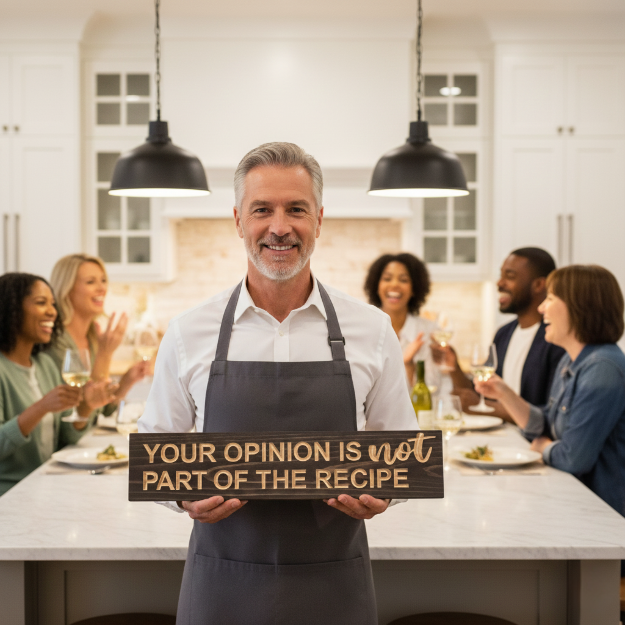 A smiling male chef in a home kitchen holding the 'Your Opinion Is Not Part Of The Recipe' sign as a gift idea for foodies.