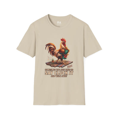 Front view of a beige 'Chicken Shirt - Sometimes You Just Have to Say Cluck It' tee, displayed flat against a clean white background