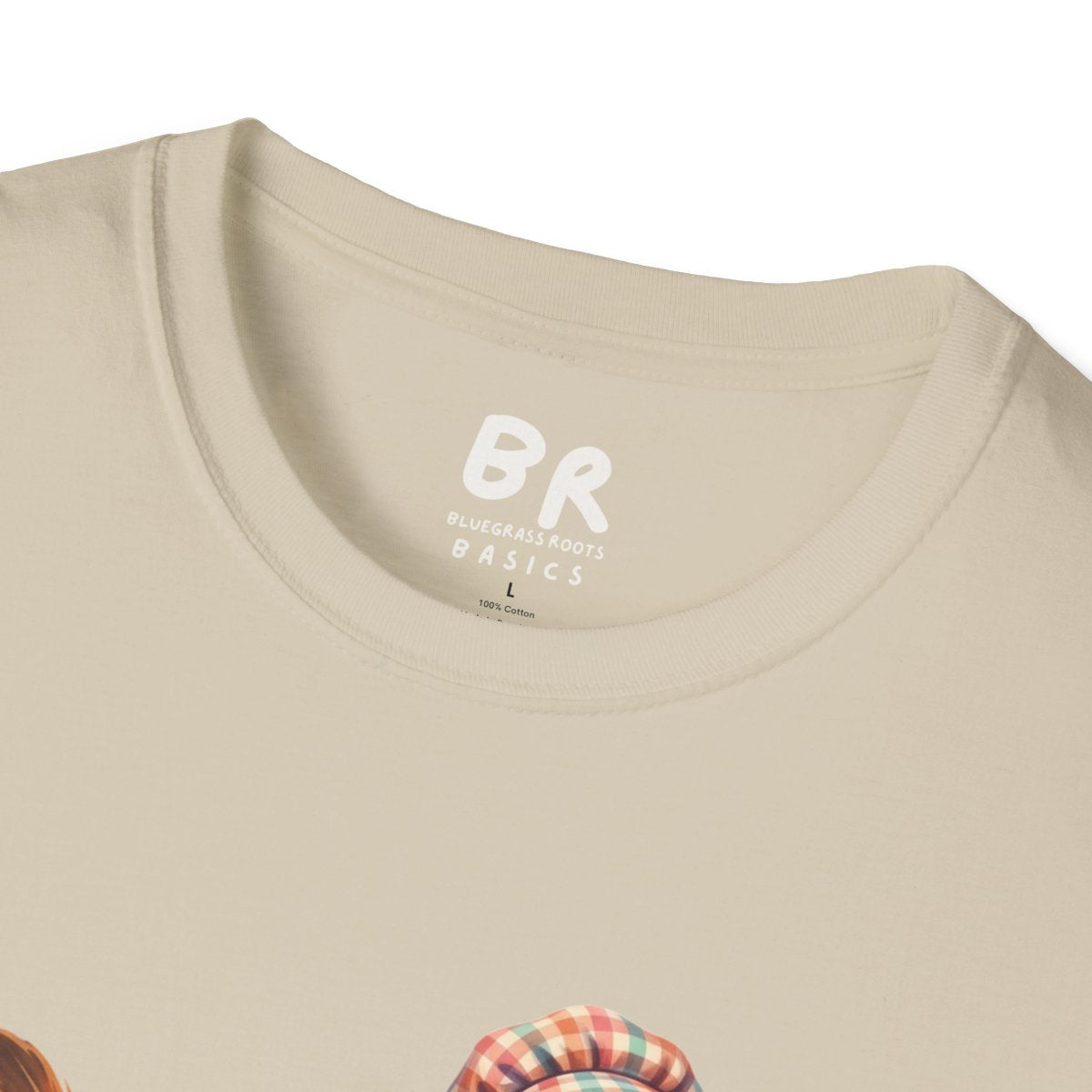 A close-up of the collar label on the beige Chicken T Shirt - Chicken Tender tee, featuring the BR logo