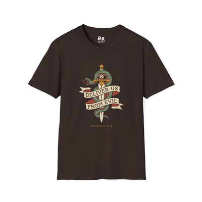 Christian Graphic Tee — "Deliver Us From Evil" Tattoo Shirt in Dark Chocolate