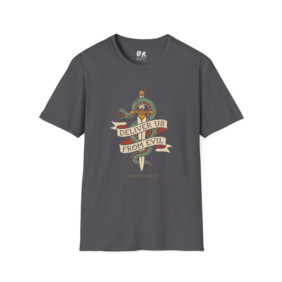Christian Graphic Tee — "Deliver Us From Evil" Tattoo Shirt in Charcoal