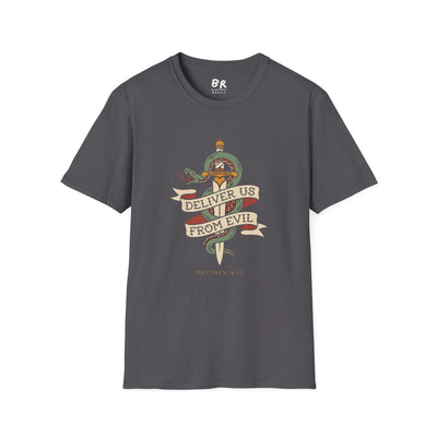 Christian Graphic Tee — "Deliver Us From Evil" Tattoo Shirt in Charcoal