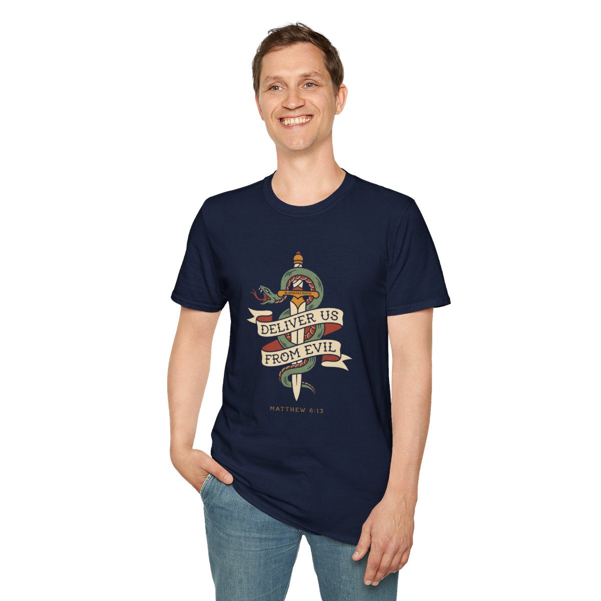 Christian Graphic Tee — "Deliver Us From Evil" Tattoo Shirt in Navy