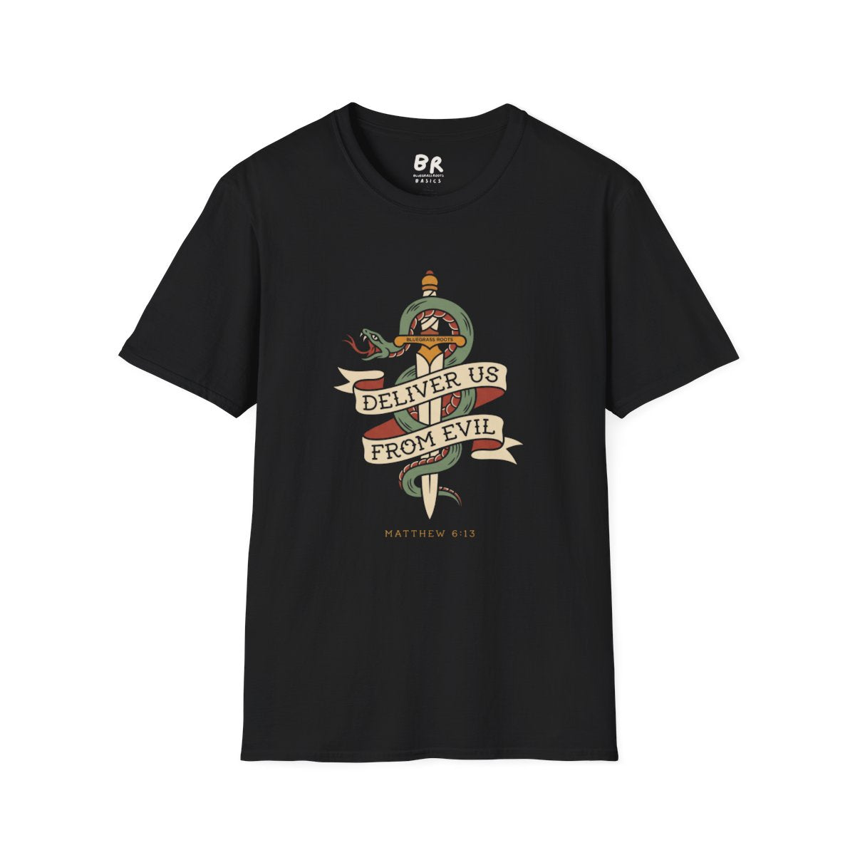 Christian Graphic Tee — "Deliver Us From Evil" Tattoo Shirt in Black