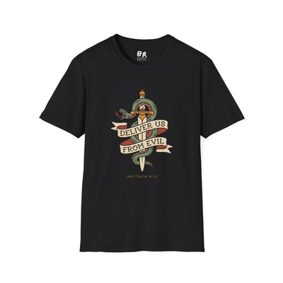 Christian Graphic Tee — "Deliver Us From Evil" Tattoo Shirt in Black