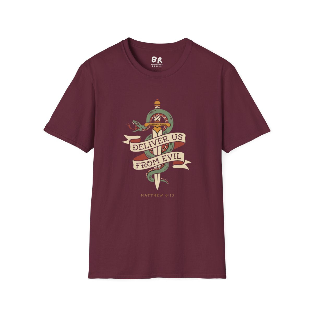 Christian Graphic Tee — "Deliver Us From Evil" Tattoo Shirt in Maroon