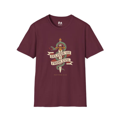 Christian Graphic Tee — "Deliver Us From Evil" Tattoo Shirt in Maroon