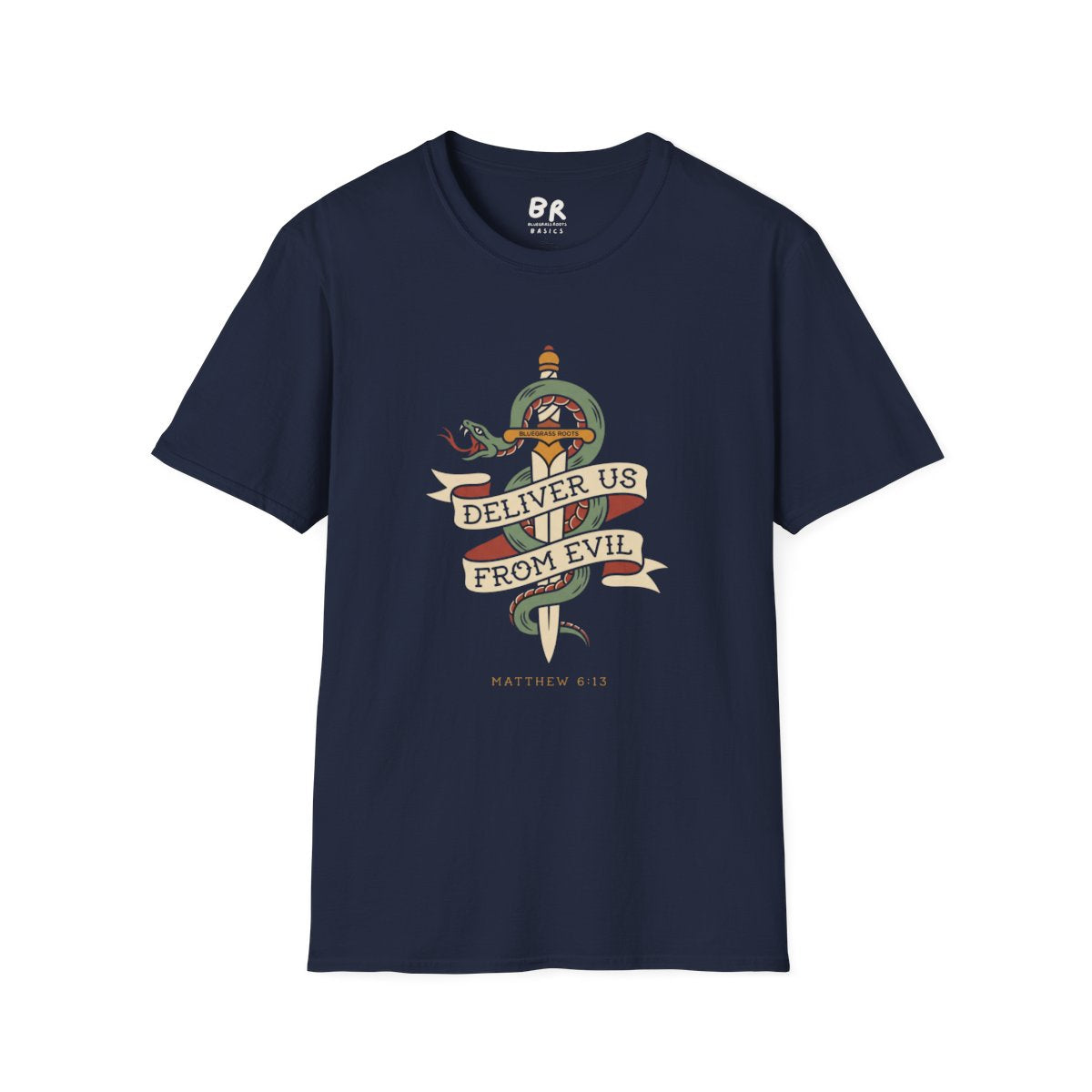 Christian Graphic Tee — "Deliver Us From Evil" Tattoo Shirt in Navy