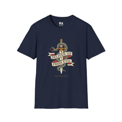 Christian Graphic Tee — "Deliver Us From Evil" Tattoo Shirt in Navy