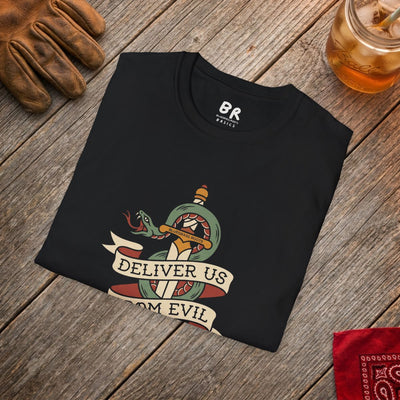 Christian Graphic Tee — "Deliver Us From Evil" Tattoo Shirt in Black