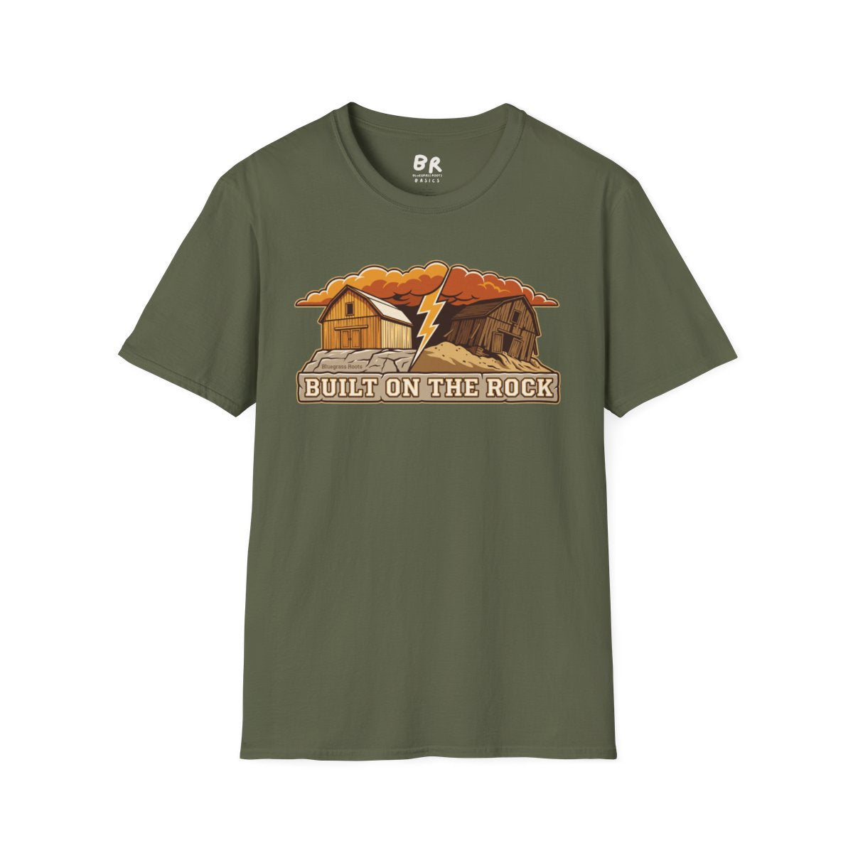 Christian Shirt for Men — "Built on the Rock" Faith Graphic Tee in Military Green
