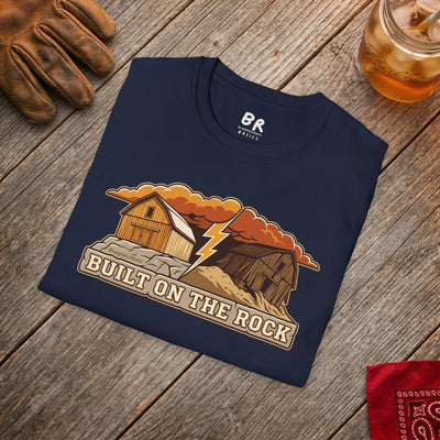 Christian Shirt for Men — "Built on the Rock" Faith Graphic Tee in Navy