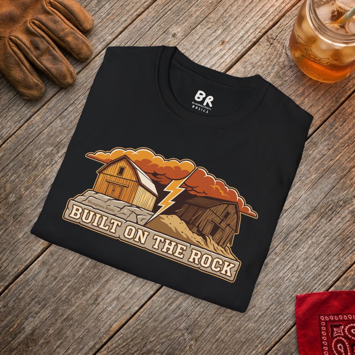 Christian Shirt for Men — "Built on the Rock" Faith Graphic Tee in Black
