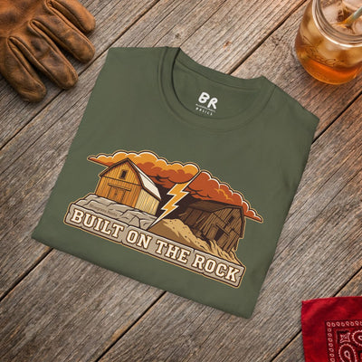 Christian Shirt for Men — "Built on the Rock" Faith Graphic Tee in Military Green