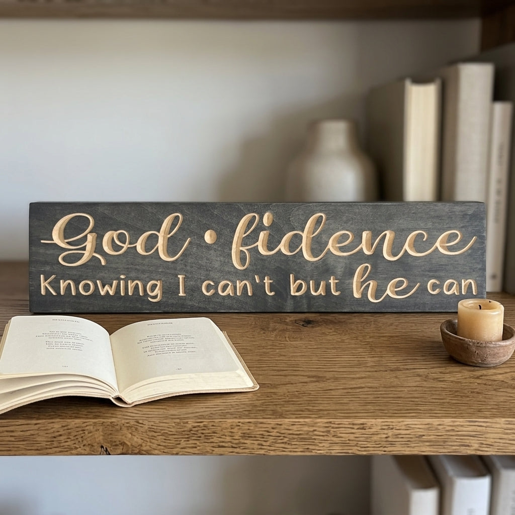 The Godfidence Christian Word Art sign sits on a wooden shelf with an open book and a small candle from Bluegrass Gifts