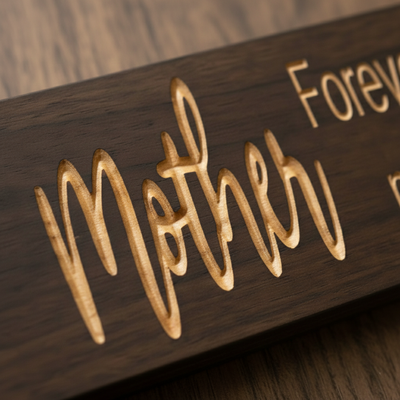 Macro detail shot showing the deep relief carving of the word "Mother" into solid wood, highlighting the premium quality and natural grain texture.
