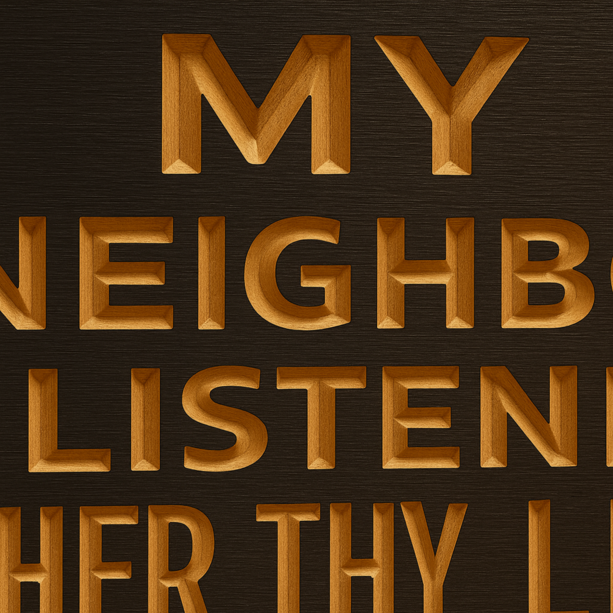 Close-up detail of carved wooden letters on the funny music quote sign.